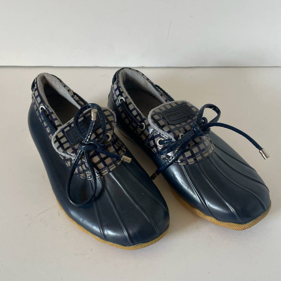 Sperry Navy Blue and Gray Plaid Low Top Fleece Lined Duck Shoes • Size 6 🗣 - Picture 2 of 6